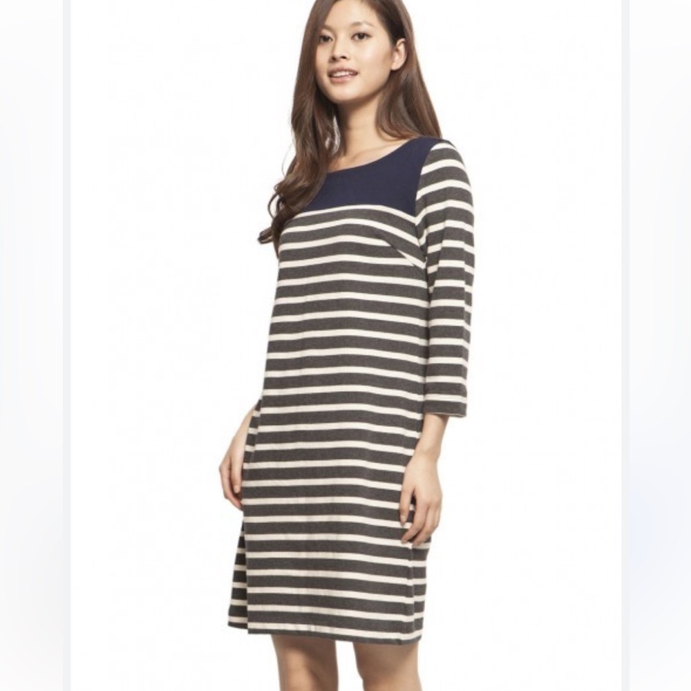 GAP Navy gray ivory striped casual Dress Sz XL cotton 3/4 sleeves - Picture 2 of 12